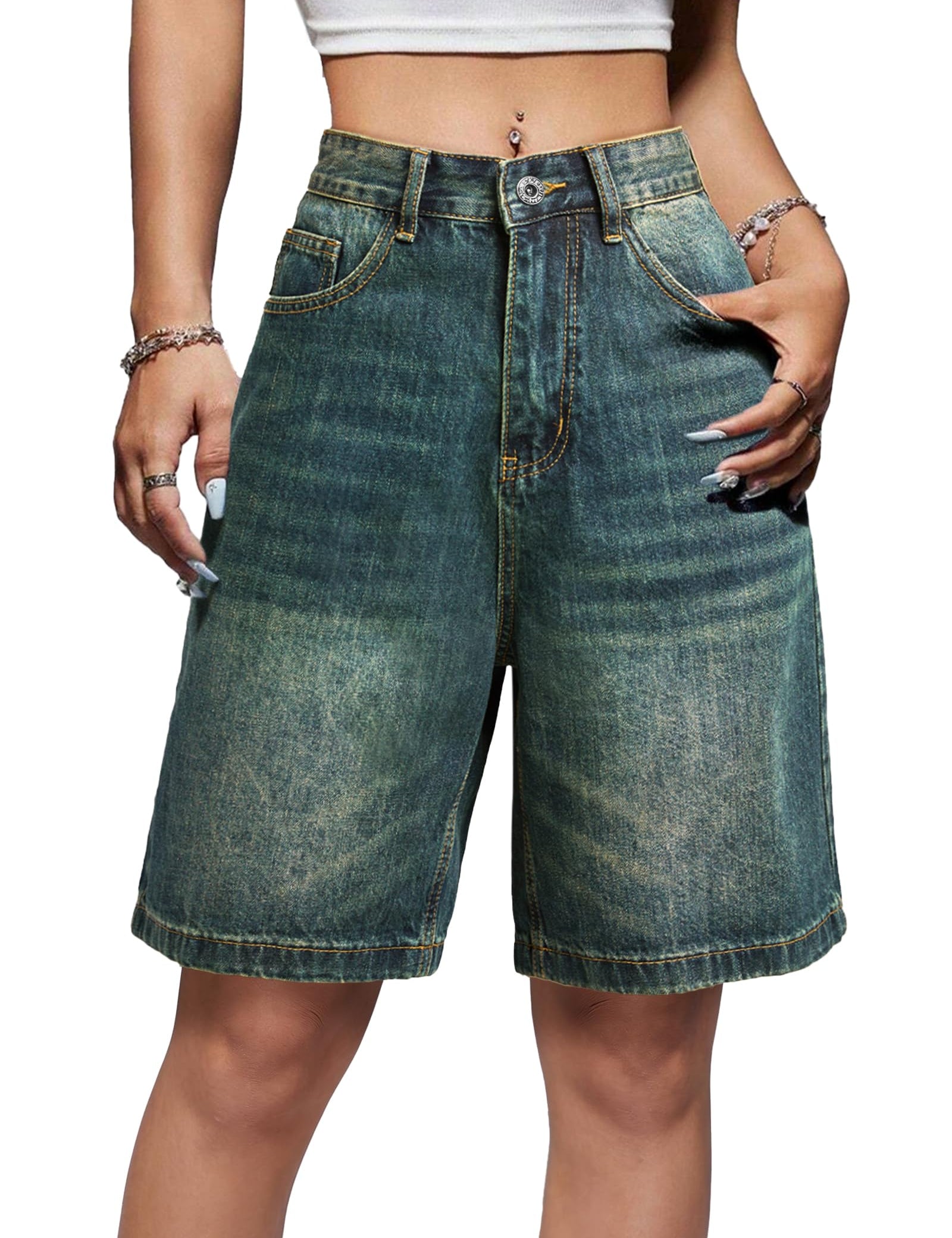 High Waisted Baggy Denim Bermuda Shorts