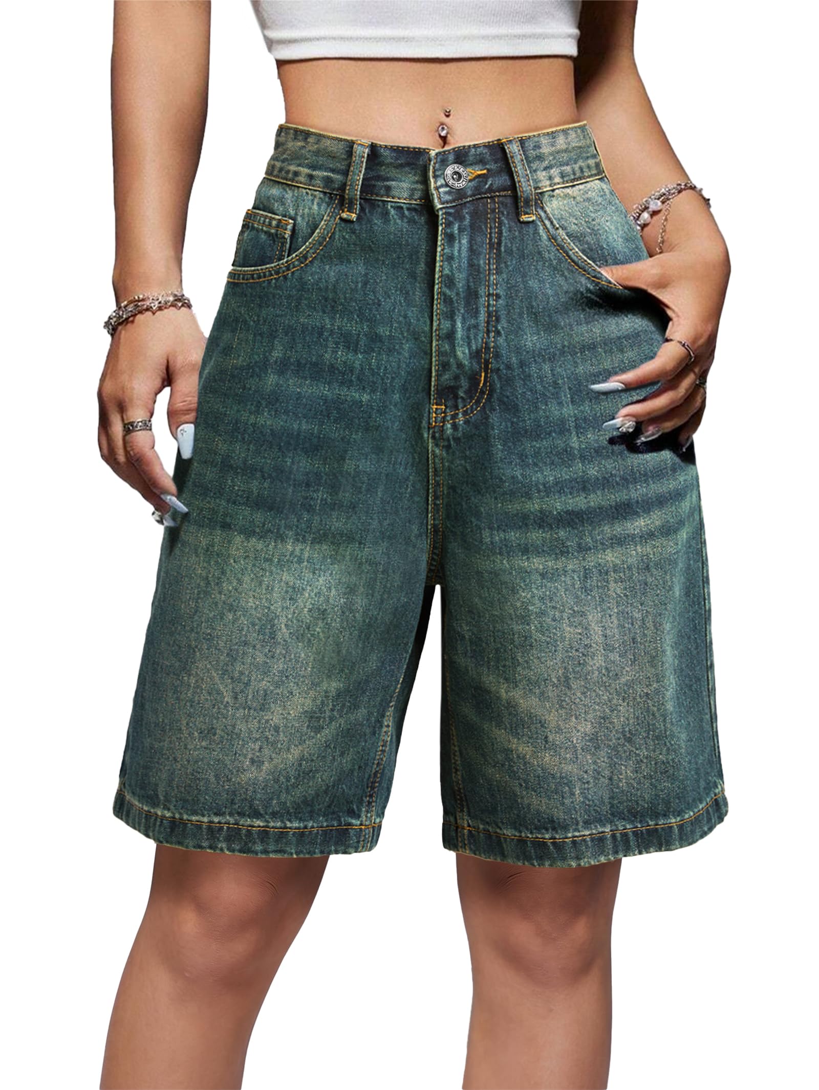 High Waisted Baggy Denim Bermuda Shorts