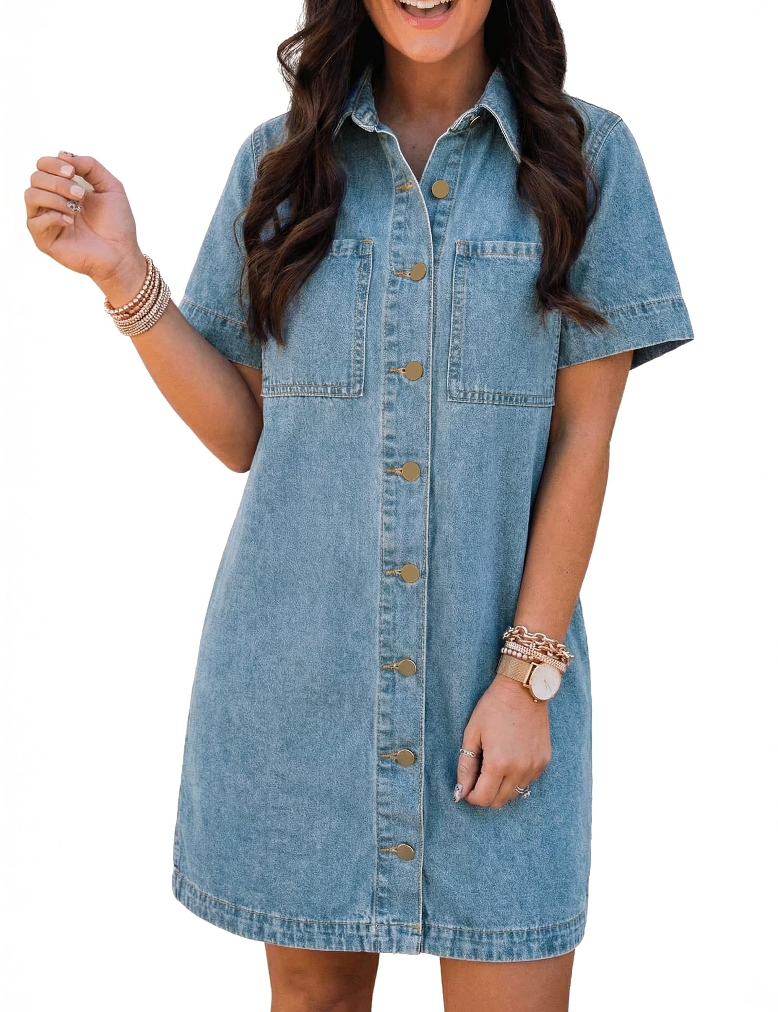 EMMIOL Button Down Denim Dress for Women - Short Sleeve Babydoll Mini Jean Shirt Dresses Summer Casual Trendy Outfits