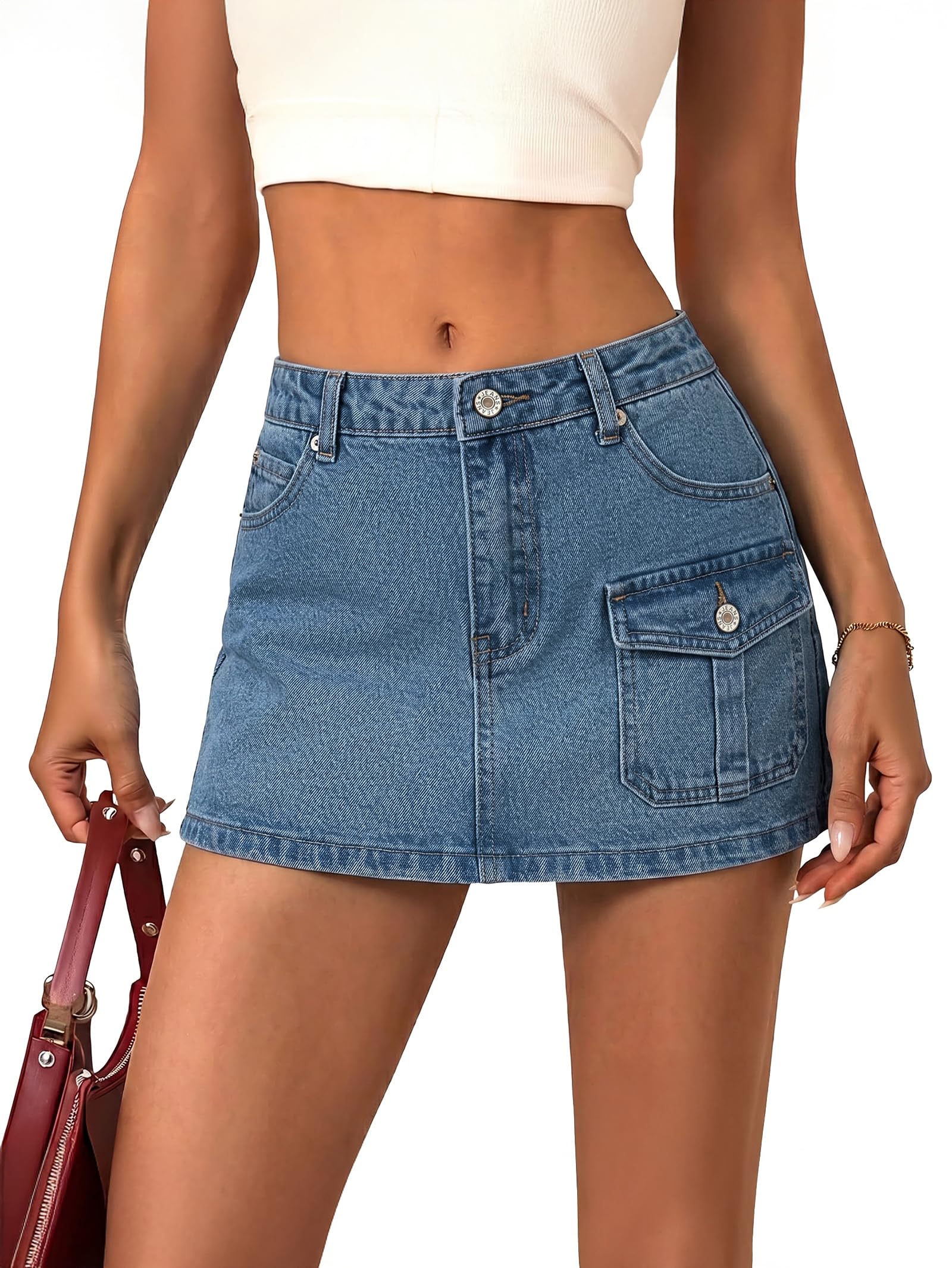 EMMIOL Jean Skirts for Women Mid Rise Summer Denim Skirt with Undershorts | Trendy Y2k Clothes Cotton-blend Denim Mini Skirt with Built-in Undershorts, Parties, Festivals, Dates, Vacations
