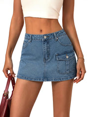EMMIOL Jean Skirts for Women Mid Rise Summer Denim Skirt with Undershorts | Trendy Y2k Clothes Cotton-blend Denim Mini Skirt with Built-in Undershorts, Parties, Festivals, Dates, Vacations