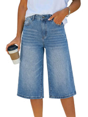 EMMIOL Bermuda Jean Shorts for Women Mid Waisted Denim Shorts | Knee Length, Baggy Jorts, Elastic Waist, Wide Leg, Jean Shorts with Pockets, Daily, Concert, Party, Relaxed Fit