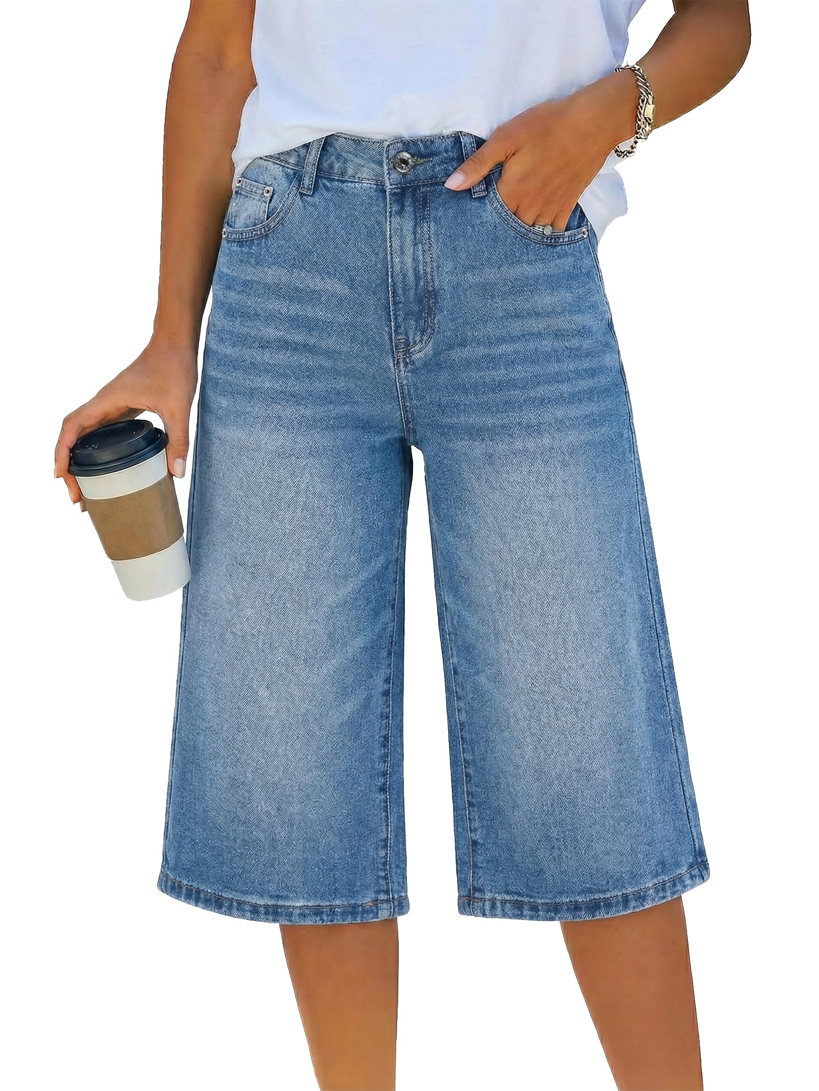 EMMIOL Bermuda Jean Shorts for Women Mid Waisted Denim Shorts | Knee Length, Baggy Jorts, Elastic Waist, Wide Leg, Jean Shorts with Pockets, Daily, Concert, Party, Relaxed Fit