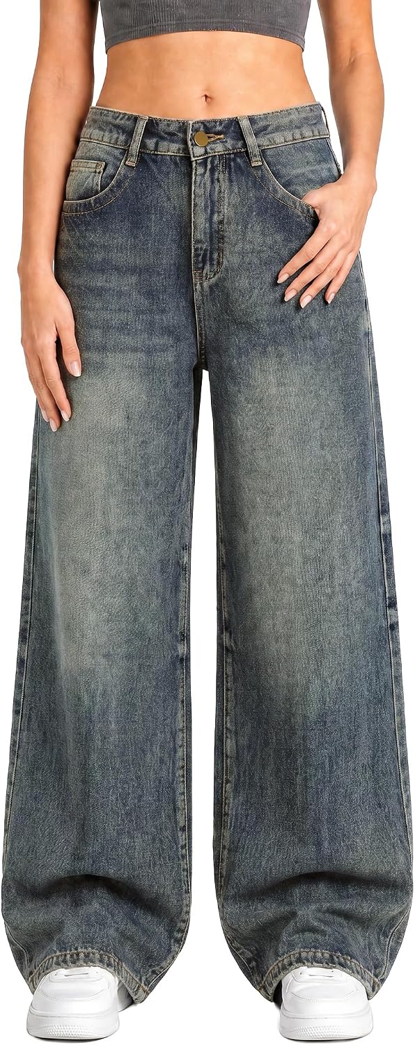 EMMIOL Baggy Jeans for Women High Waisted Womens Wide Leg Jeans Plus Size | Y2K Boyfriends Denim Pants, Casual Loose Wide Leg Jeans, Straight Leg, High Waist, 90s Vintage Baggy Pants with Pockets