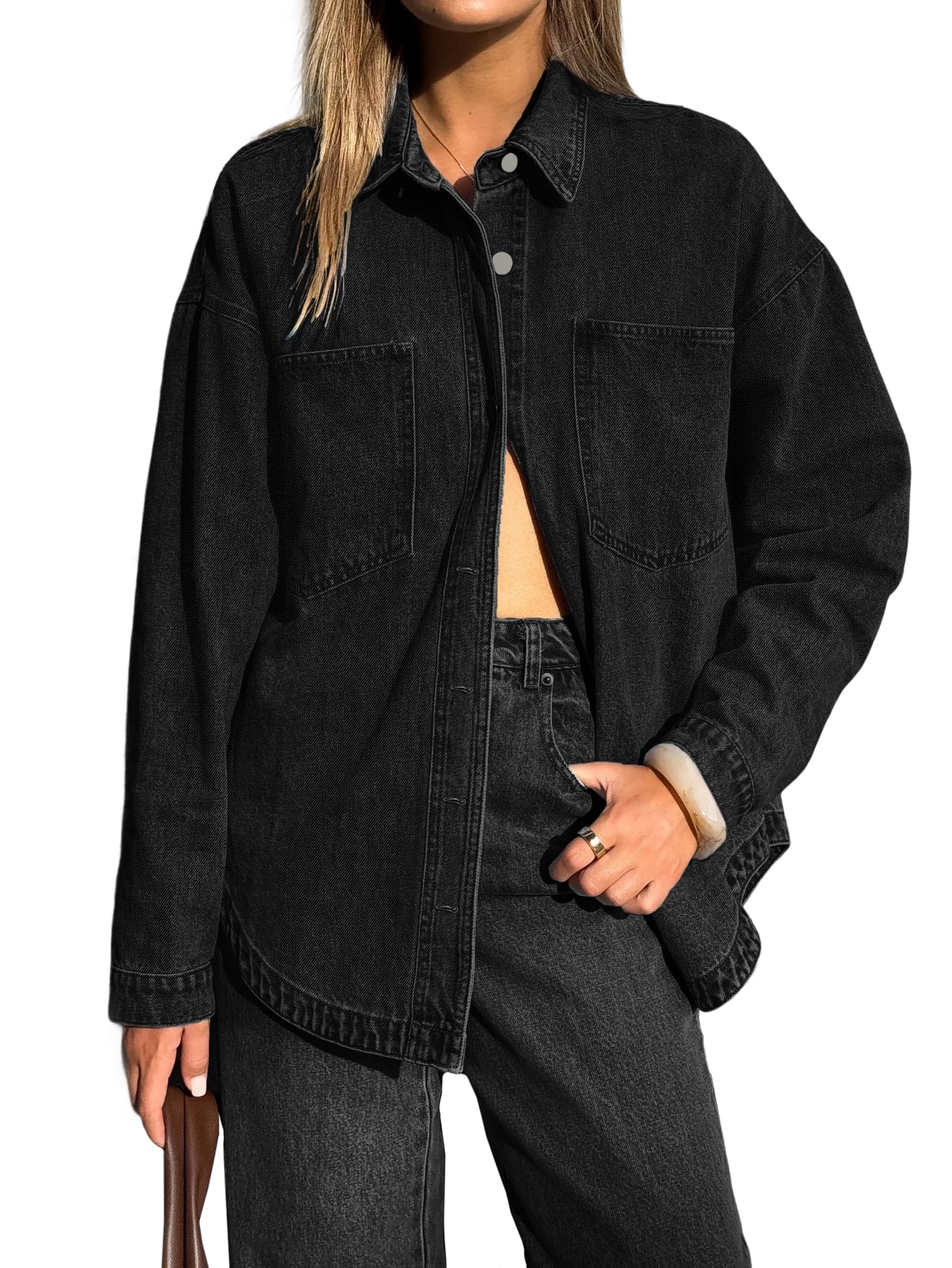 EMMIOL Women Denim Shirts Oversized Long Sleeve Button Down Blouse Distressed Jean Jacket Fall Outfits 2026