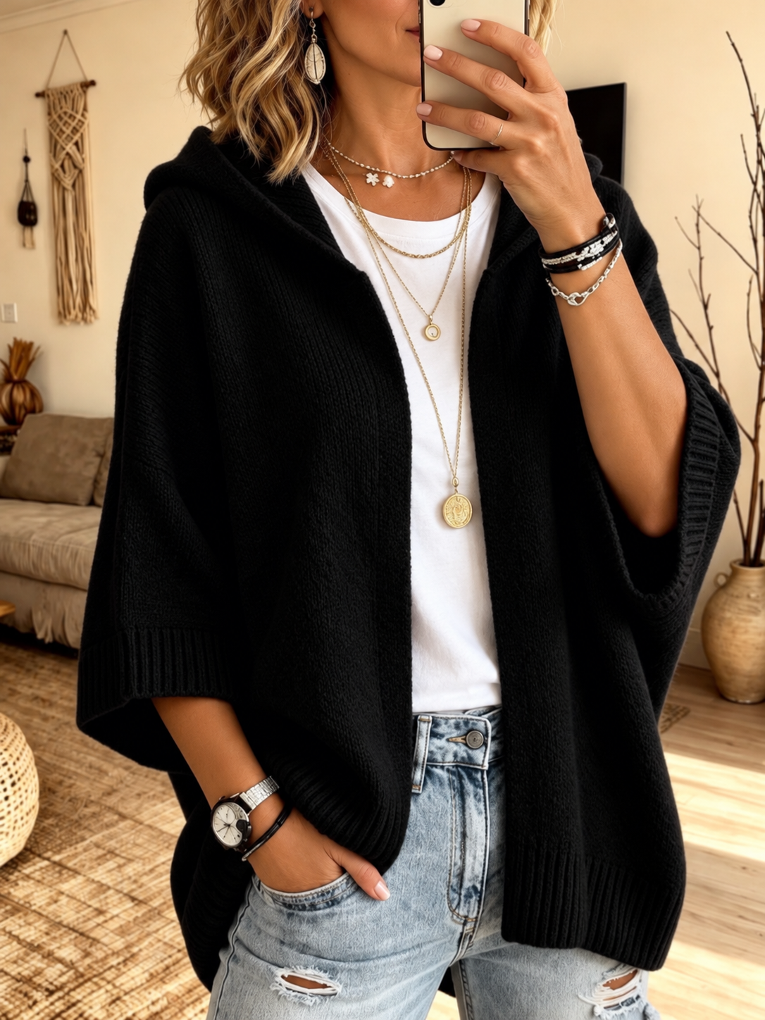 Women's 3/4 Sleeve Hooded Knit Cardigan
