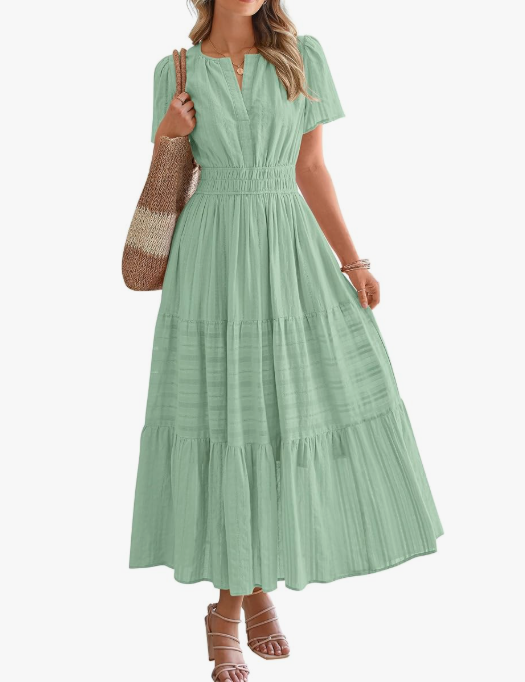 Women’s Short Sleeve V-Neck Boho Maxi Dress with Pockets