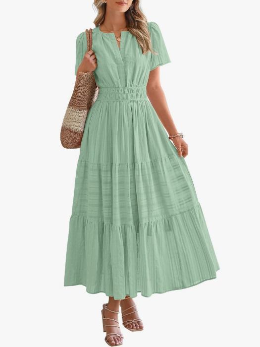Women’s Short Sleeve V-Neck Boho Maxi Dress with Pockets