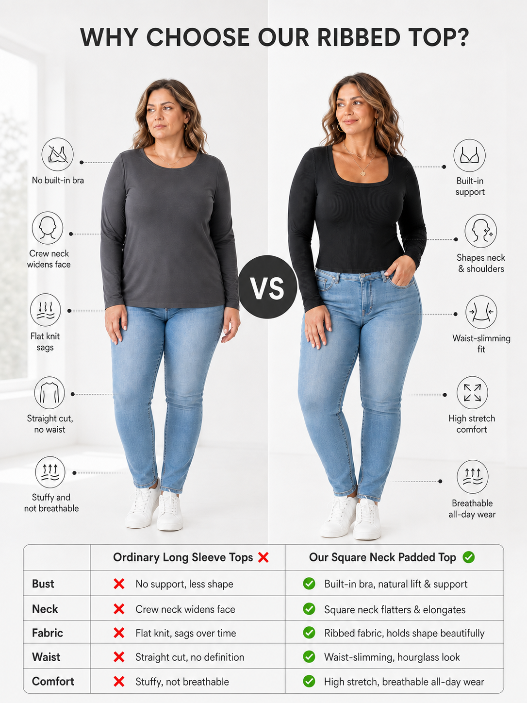 Square Neck Long Sleeve with Built-in Bra