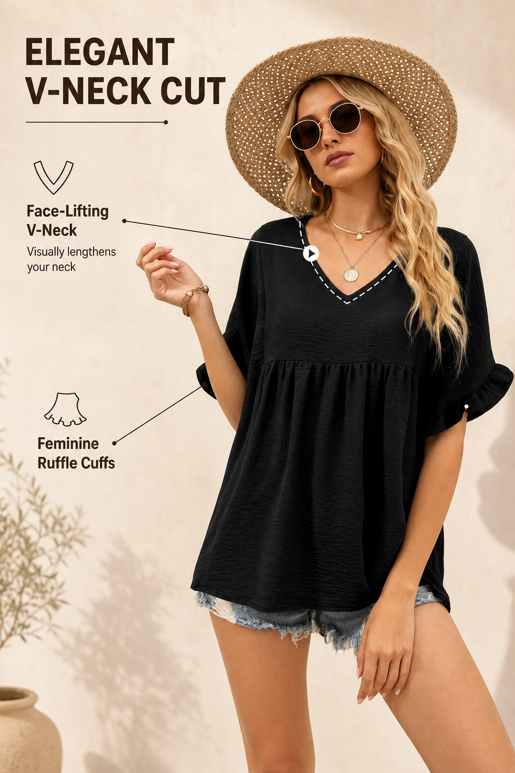 Womens V Neck Ruffle Sleeve Tops