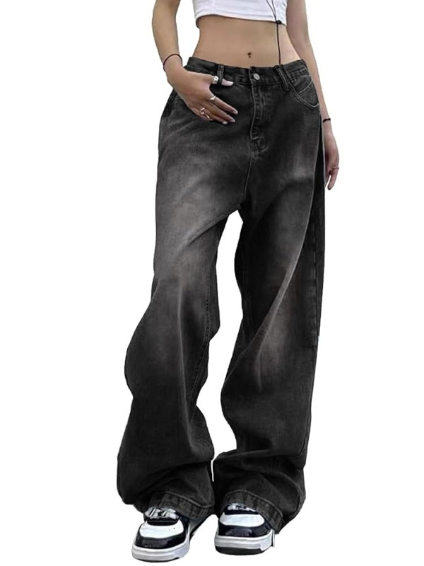 Mid Waist Baggy Wide Leg Denim Pants
