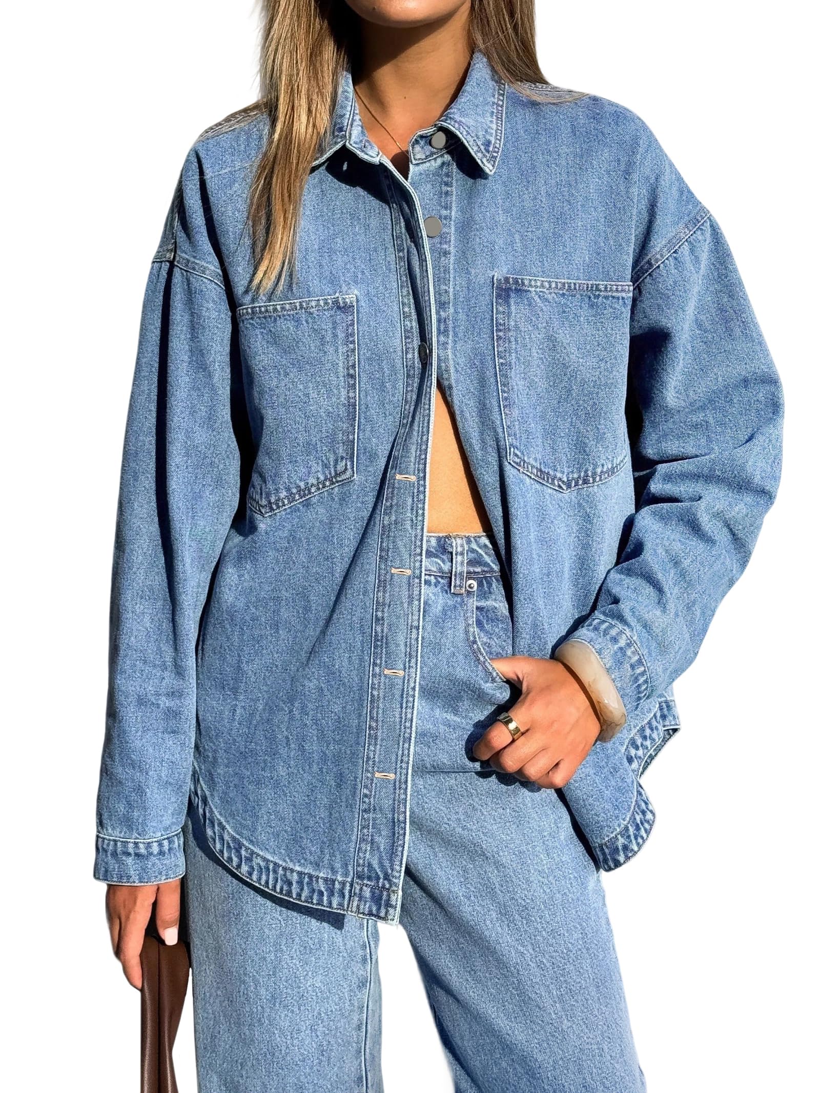 EMMIOL Women Denim Shirts Oversized Long Sleeve Button Down Blouse Distressed Jean Jacket Fall Outfits 2026