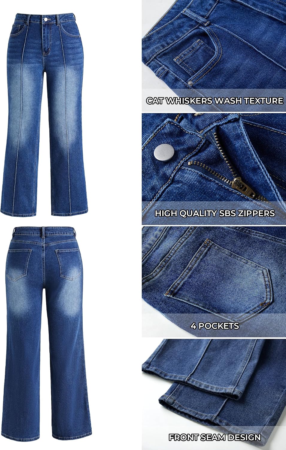EMMIOL Straight Leg Jeans for Women High Waisted Petite Wide Leg Jeans | Baggy Jeans, Front Seamed, Petite Jeans for Women, Straight Leg, Stretchy Denim Pants with Pockets, High Rise