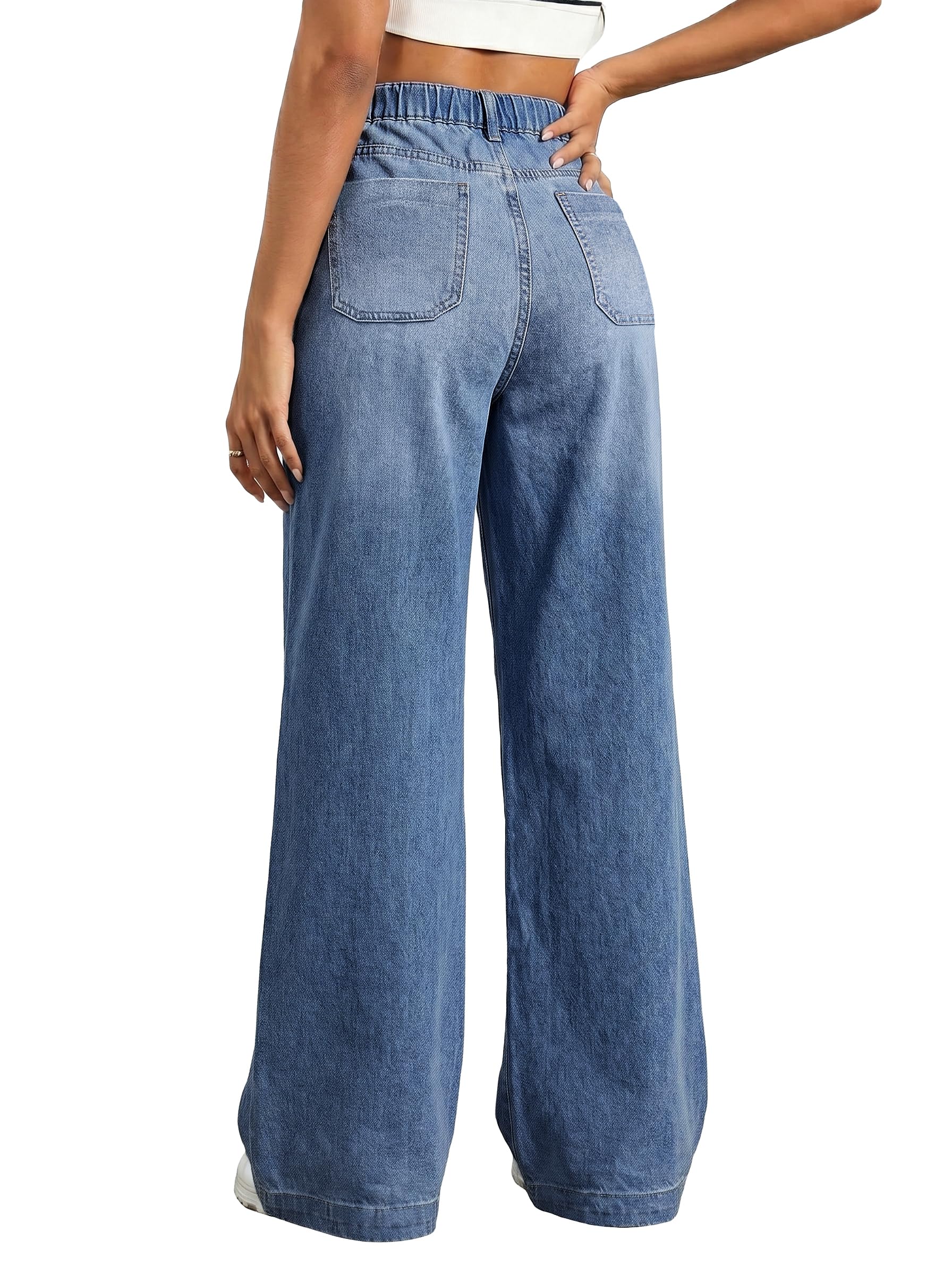 EMMIOL Wide Leg Baggy Jeans for Women Mid High Waisted Stretchy Denim Pants | Pull On Elastic Waist Jeans BBL Y2K Straight Leg Trousers Trendy Outfits