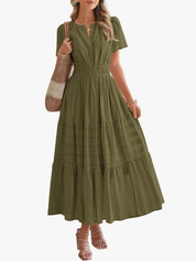Women’s Short Sleeve V-Neck Boho Maxi Dress with Pockets