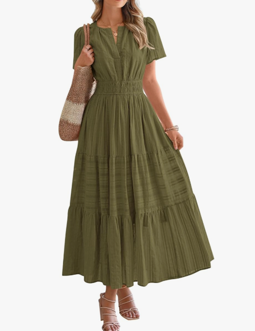 Women’s Short Sleeve V-Neck Boho Maxi Dress with Pockets