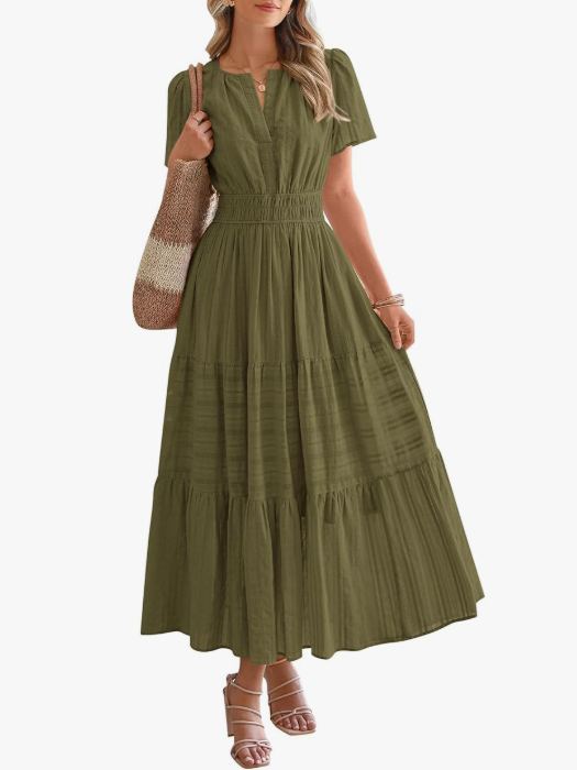 Women’s Short Sleeve V-Neck Boho Maxi Dress with Pockets
