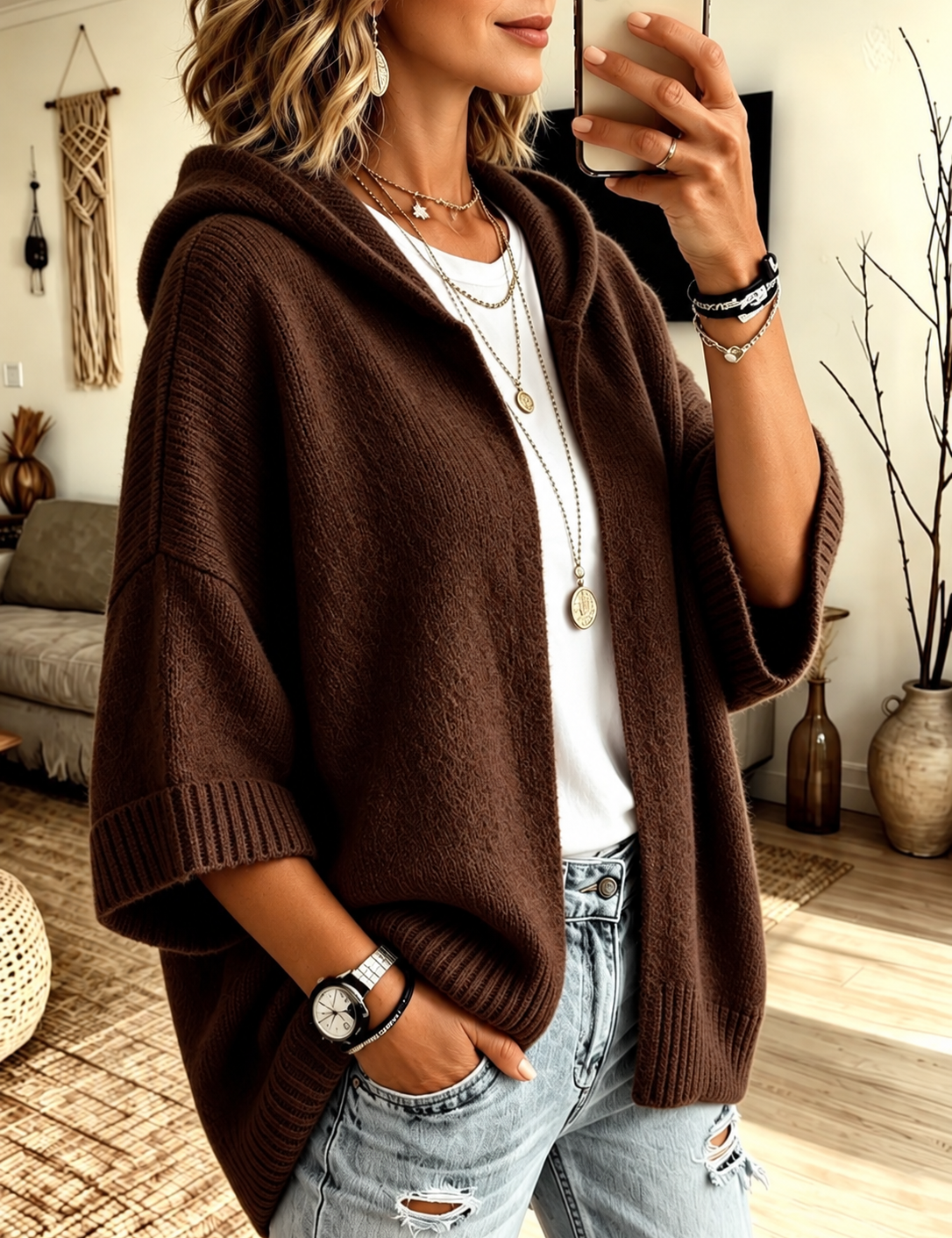 4 Sleeve Hooded Knit Cardigan