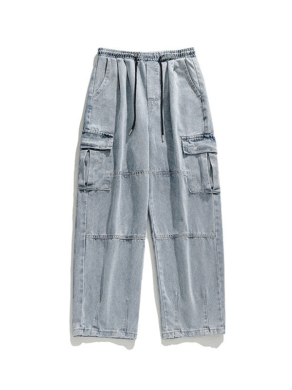 Men's Vintage Wash Denim Loose Cargo Jeans