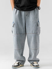Men's Vintage Wash Denim Loose Cargo Jeans