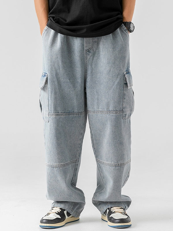 Men's Vintage Wash Denim Loose Cargo Jeans