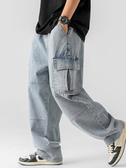 Men's Vintage Wash Denim Loose Cargo Jeans