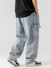 Men's Vintage Wash Denim Loose Cargo Jeans