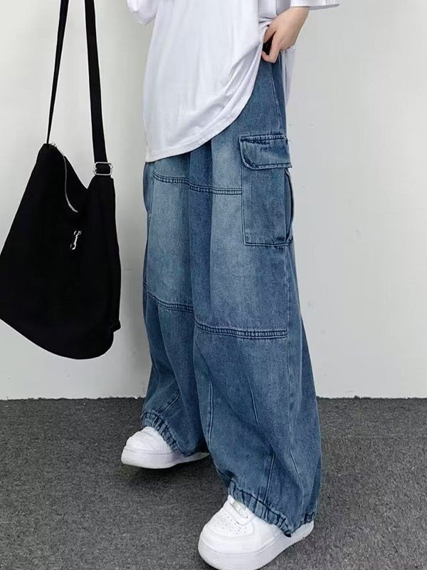 Men's Washed Pocket Patchwork Cargo Jeans