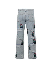 Men's Ripped Embroidery Patch Loose Jeans
