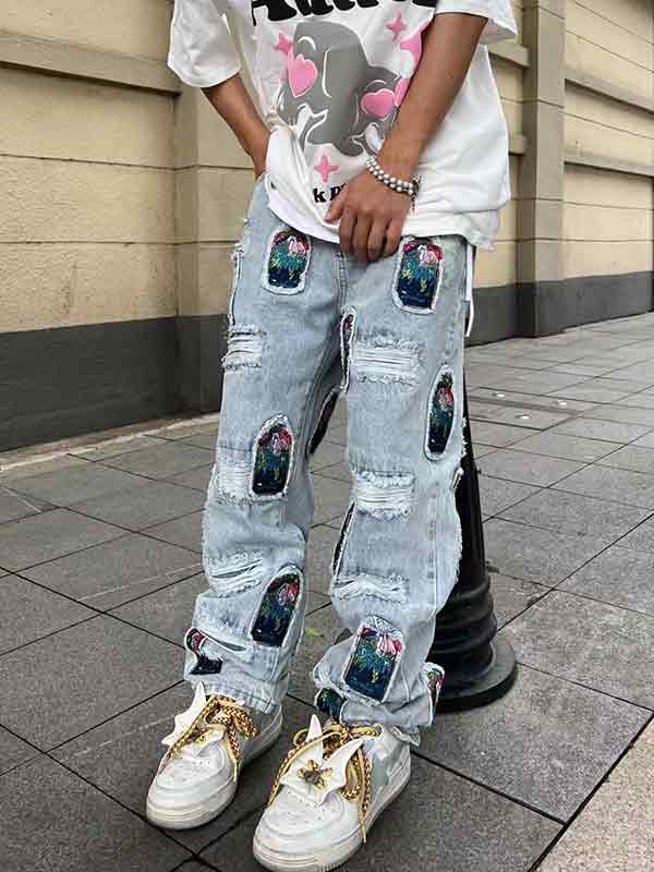 Men's Ripped Embroidery Patch Loose Jeans