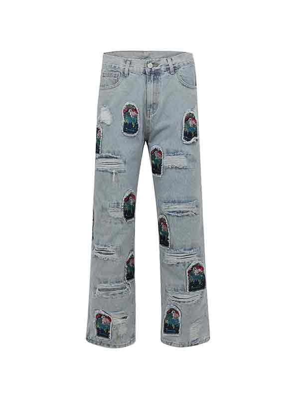 Men's Ripped Embroidery Patch Loose Jeans