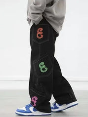 Men's Multiple Pocket Colorful Print Loose Jeans