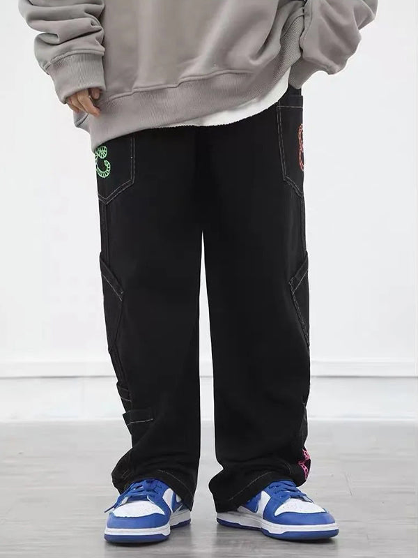 Men's Multiple Pocket Colorful Print Loose Jeans