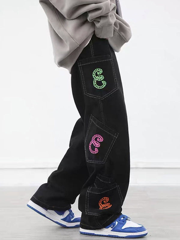 Men's Multiple Pocket Colorful Print Loose Jeans