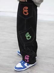 Men's Multiple Pocket Colorful Print Loose Jeans