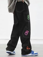 Men's Multiple Pocket Colorful Print Loose Jeans