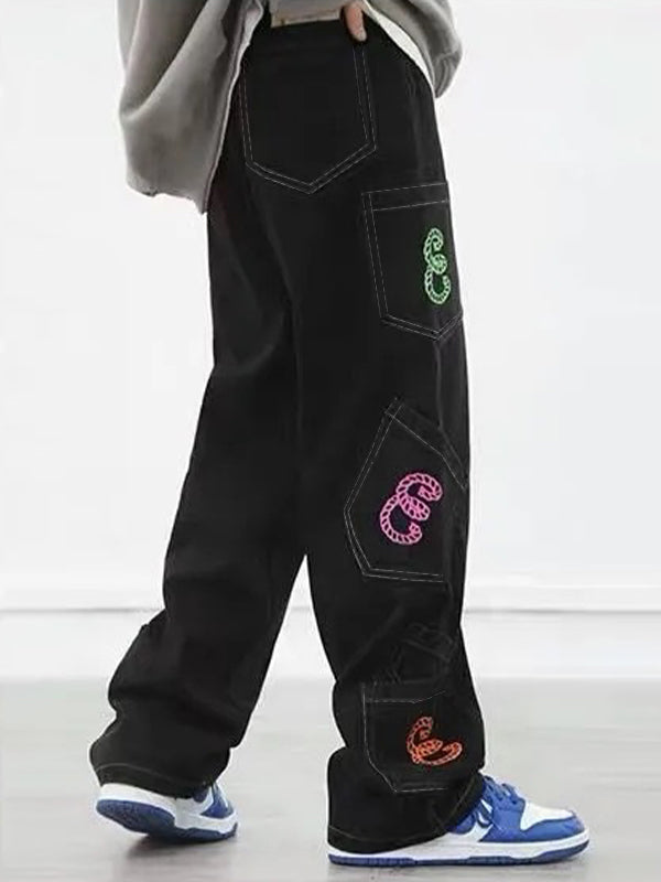 Men's Multiple Pocket Colorful Print Loose Jeans