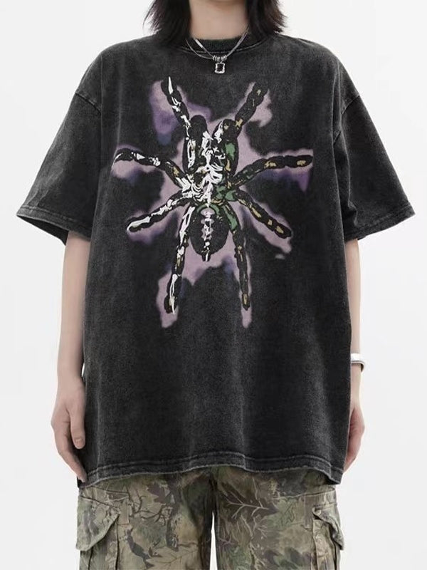 Men's Washed Distressed Spider Print Short Sleeve Tee