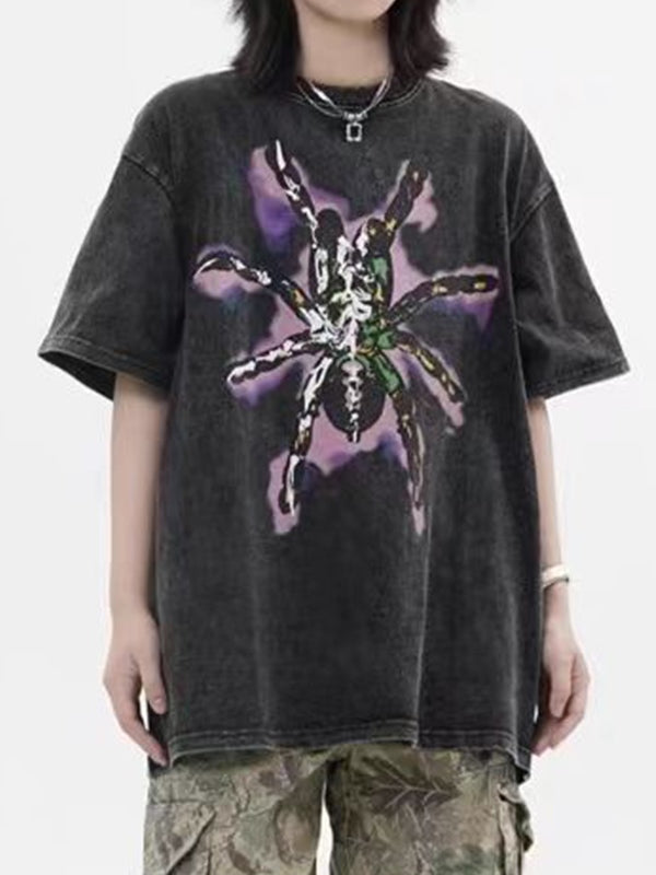 Men's Washed Distressed Spider Print Short Sleeve Tee