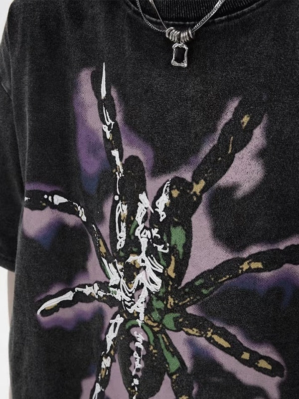 Men's Washed Distressed Spider Print Short Sleeve Tee