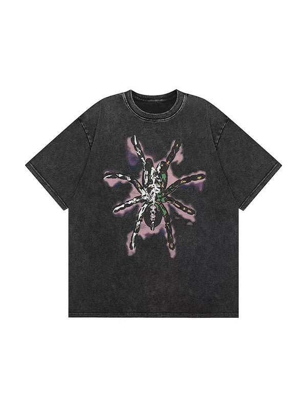 Men's Washed Distressed Spider Print Short Sleeve Tee