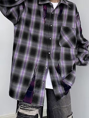 Men's Vintage Plaid Frayed Splice Long Sleeve Blouse