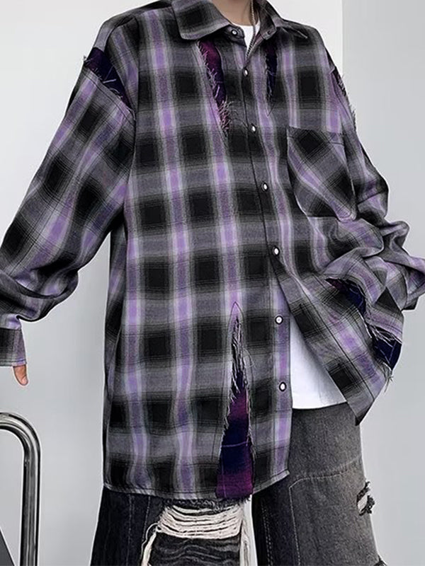 Men's Vintage Plaid Frayed Splice Long Sleeve Blouse