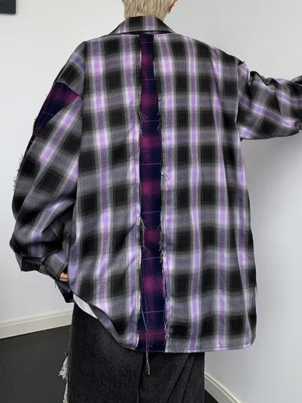 Men's Vintage Plaid Frayed Splice Long Sleeve Blouse