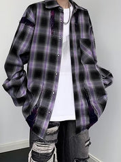 Men's Vintage Plaid Frayed Splice Long Sleeve Blouse