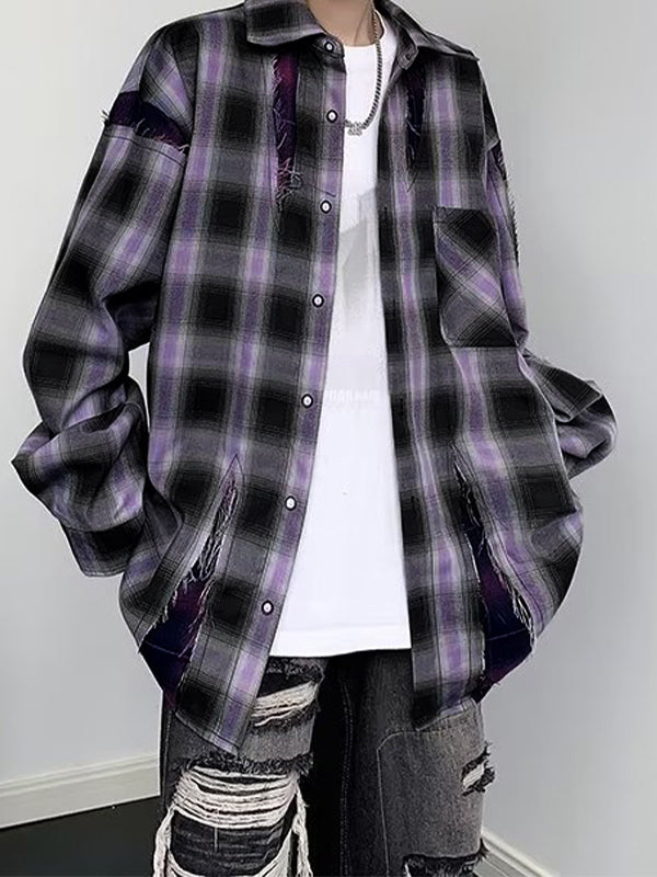 Men's Vintage Plaid Frayed Splice Long Sleeve Blouse