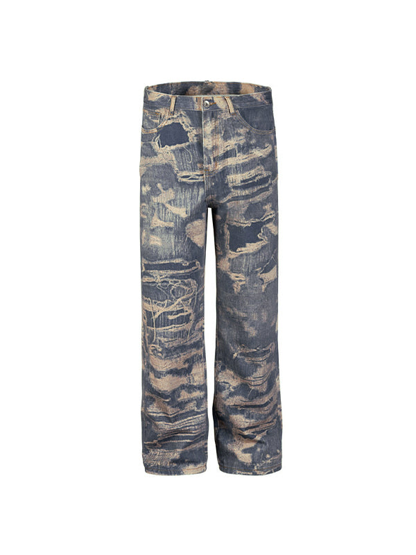 Men's Distressed Ripped Pattern Print Loose Jeans