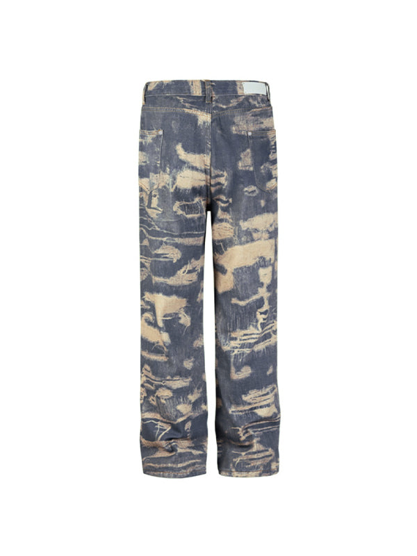 Men's Distressed Ripped Pattern Print Loose Jeans
