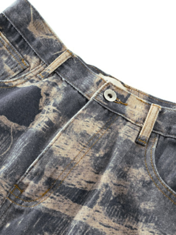 Men's Distressed Ripped Pattern Print Loose Jeans
