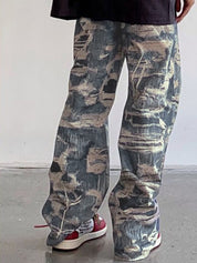 Men's Distressed Ripped Pattern Print Loose Jeans